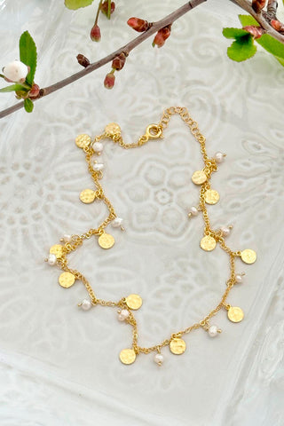 Boho anklet, pearl gold