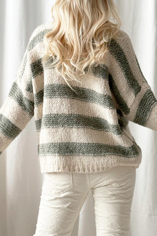 Boucle stripe jumper, off white/sage